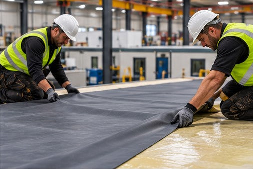 EPDM membrane being laid into water-based deck adhesive