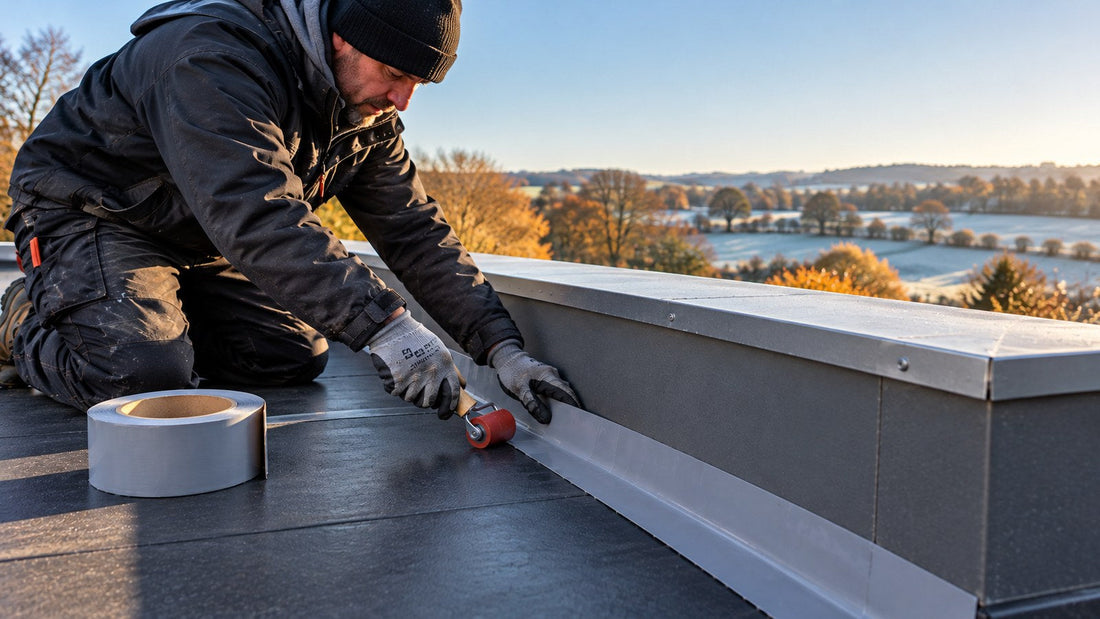Roofer rolling flashing tape onto a dry flat roof upstand on a cold morning