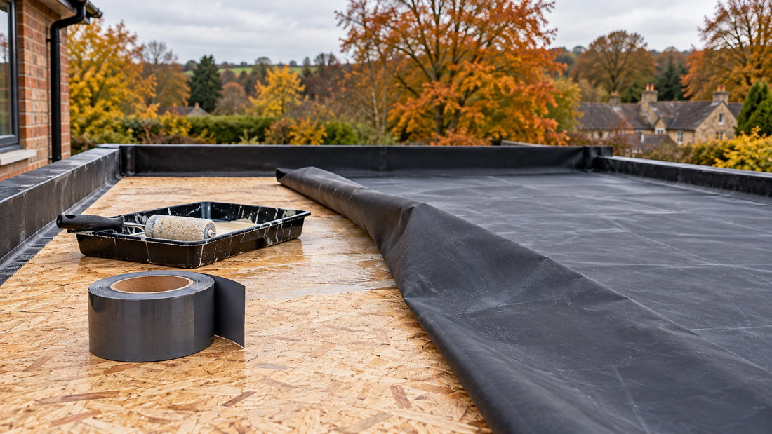 EPDM membrane folded back over a timber deck with roller and adhesive tray in autumn