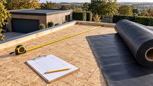 Tape measure, sketch and EPDM roll on an OSB flat roof deck