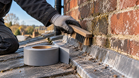 Brushing dust off old brickwork before applying flashing tape