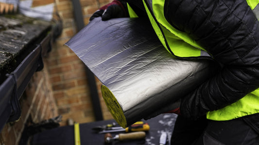Roofer holding a wide roll of Supraseal flashing tape beside a gutter