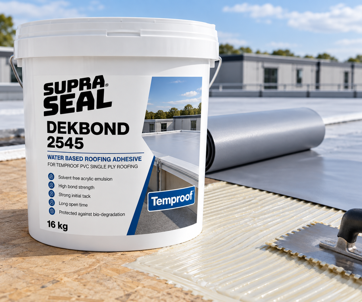 Supraseal Dekbond 2545 water-based roofing adhesive 16kg tub with Temproof PVC membrane on a flat roof