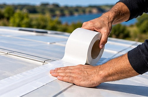 Applying white tape along a caravan roof seam