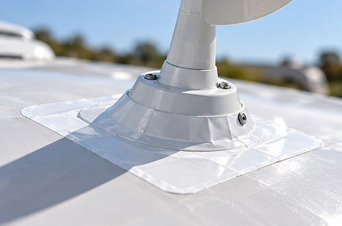 Motorhome roof aerial mount sealed with white tape