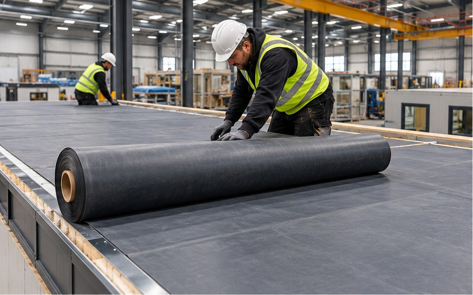 Fitter rolling out a one-piece ClassicBond EPDM membrane on a modular building roof