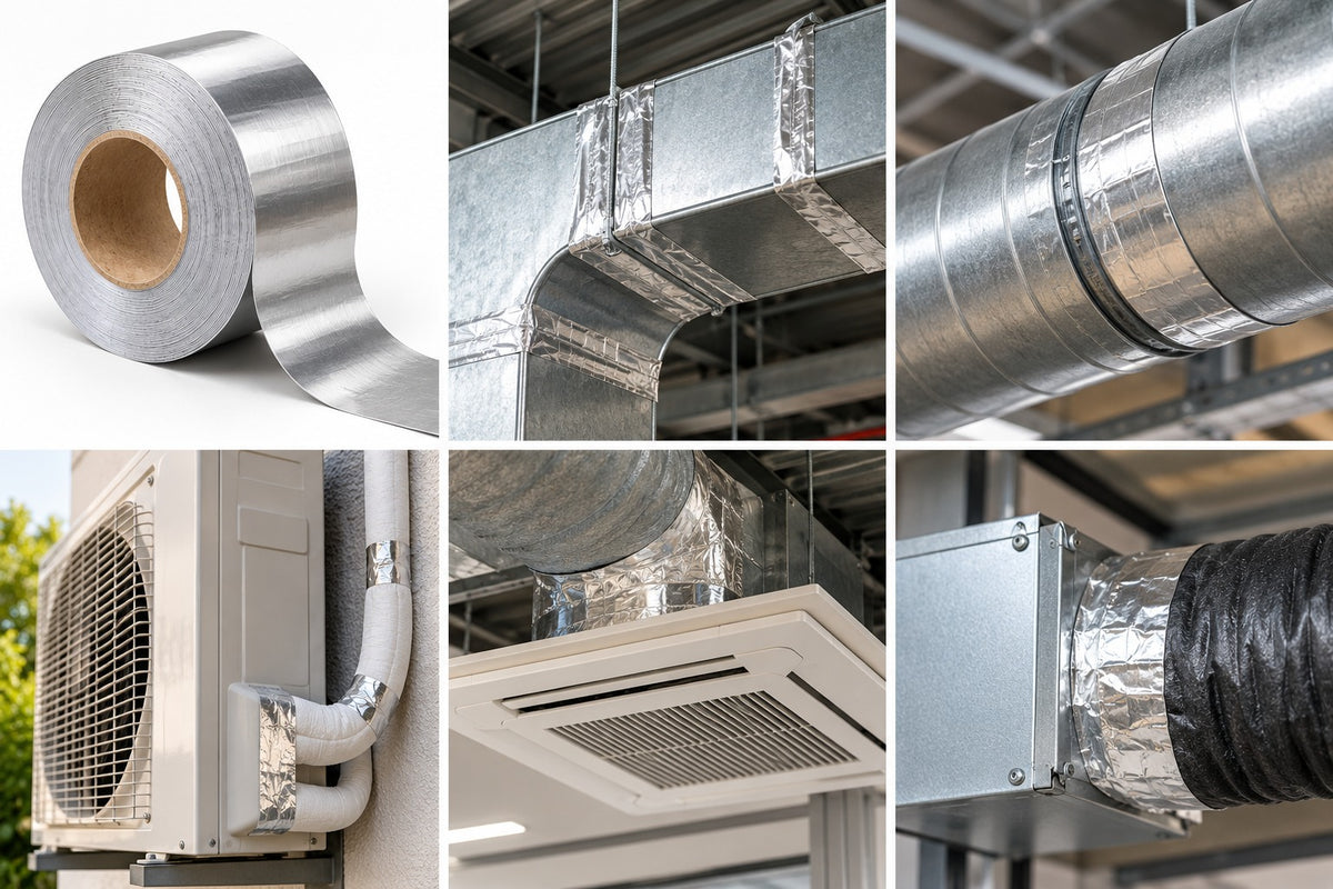 Aluminium foil tape sealing commercial ductwork joints, spiral duct, a ceiling cassette unit and flexible duct connections