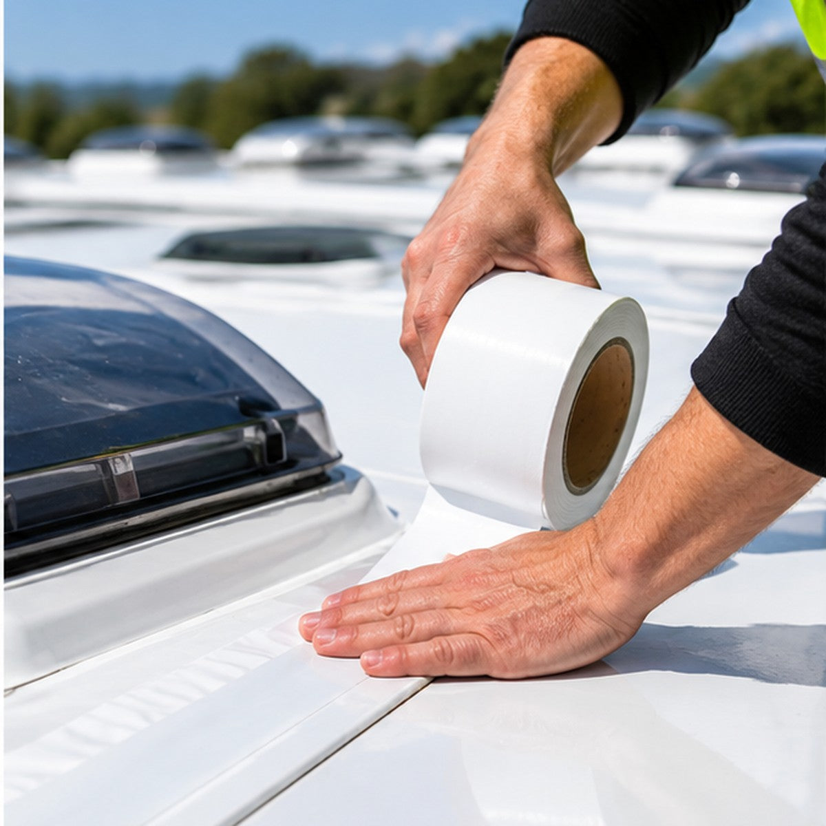 White sealing tape being applied beside a caravan rooflight